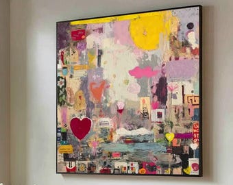 Abstract Collage Graffiti Art Colorful Mixed Media Painting Heart Motif Textured Canvas Wall Decor
