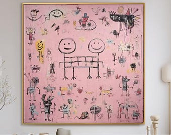 Abstract Pink Graffiti Smile Faces Oil Painting, Whimsical Street Pop Wall Art