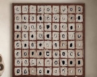 Textured Beige & Black Geometric Oil Painting, Abstract Squares Canvas Art, Neutral Brown Contemporary Decor
