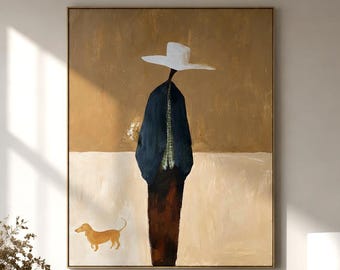 Cowboy Dog Oil Painting, Minimalist Beige Brown Western Wall Art