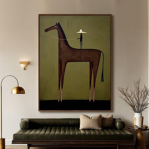Minimalist Horse Cowboy Painting, Olive Green Western Wall Art, Figurative Horse Canvas, Southwestern Decor
