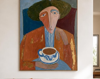 Abstract Portrait Coffee Painting, Expressionist Canvas, Contemporary Face Artwork, Coffee Lover Decor