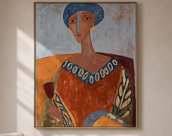 Hand-Painted Abstract Woman Portrait Oil Painting, Boho Figurative Wall Art Canvas