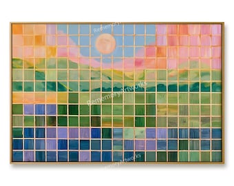 Colorful Geometric Landscape Painting, Hand Painted Wall Art