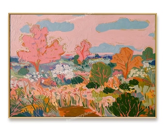 Colorful Geometric Landscape Painting, Hand Painted Wall Art