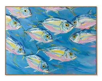 Colorful Fish Painting, Blue Ocean Wall Art, Hand Painted Coastal Artwork, Tropical Fish Canvas, Beach House Decor, Nautical Wall Art