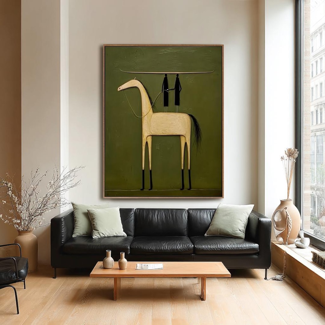 Minimalist Horse & Riders Oil Painting, Modern Western Canvas Wall Art ...