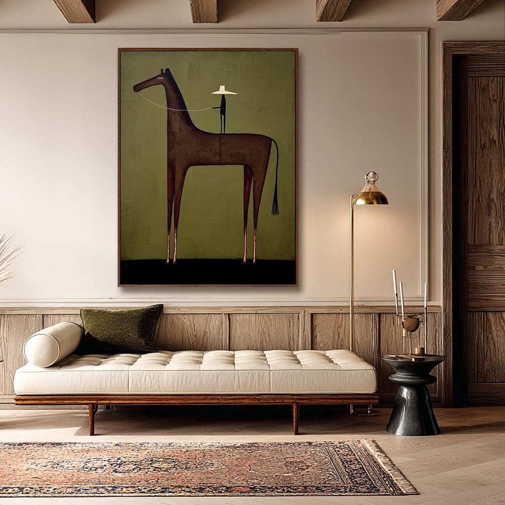 Minimalist Horse Cowboy Painting, Olive Green Western Wall Art ...