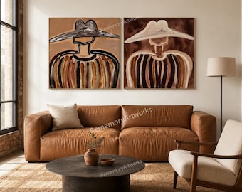 Set of 2 Hand-Painted Cowboy Oil Paintings, Western Portrait Wall Art