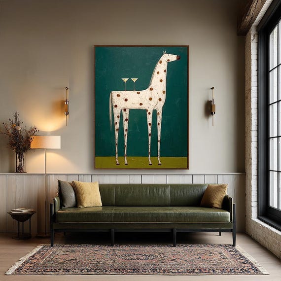 Hand Painted Whimsical Spotted Horse with Martini Glasses | Transformative Teal Background Folk Art
