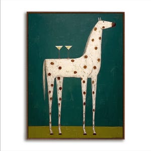 May include: A whimsical painting of a white horse with brown spots, standing against a teal background. Two martini glasses sit on the horse's back. The artwork is framed in a dark wood.