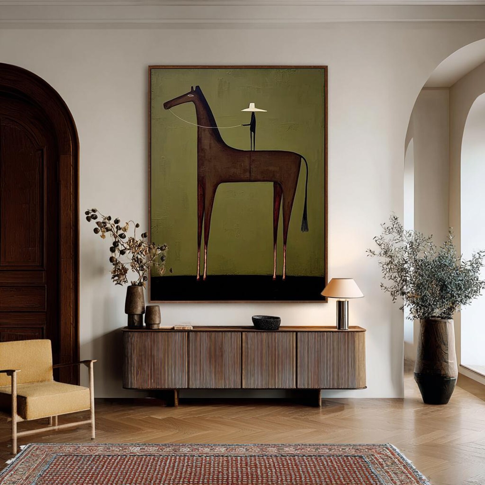 Minimalist Horse Cowboy Painting, Olive Green Western Wall Art ...