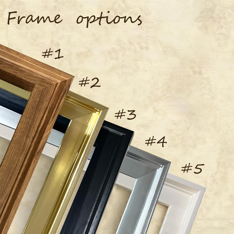 May include: Image showcasing five different picture frame options. The frames are numbered and include a variety of styles and colors, such as a natural wood grain, gold, black, silver, and white. The text "Frame options" is at the top.