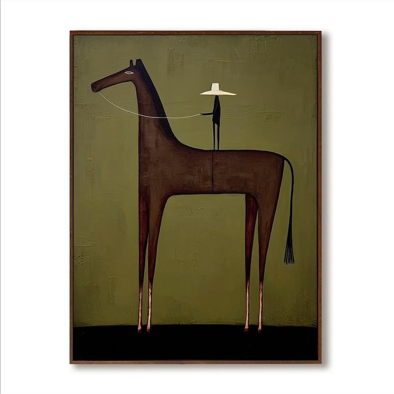 Minimalist Horse Cowboy Painting, Olive Green Western Wall Art ...