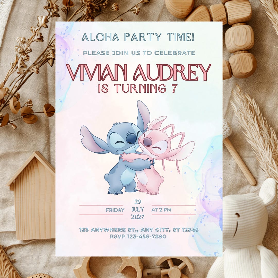 Hug Invitation Stitch and Angel Birthday Invitation | Cute Hug Theme | Canva Editable ...