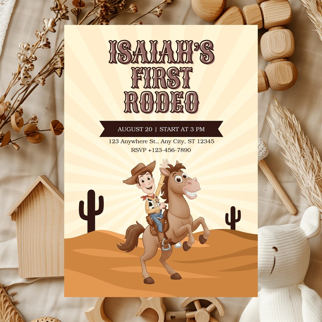 Woody First Rodeo Invite Woody First Rodeo Birthday Invitation | Cowboy Canva Editable Invite ...