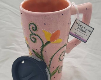 Mug de voyage avec couvercle - Céramique - volutes florales roses