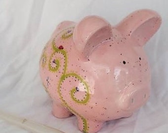 Tirelire en céramique - fleurs roses, volutes, mouchetées - fille/bébé