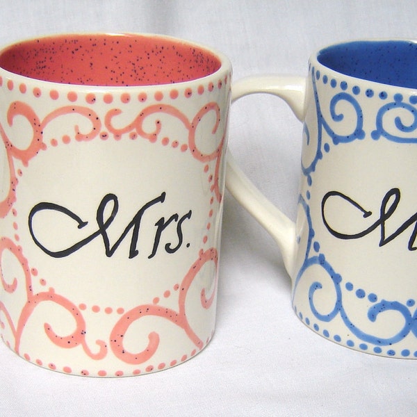 Ceramic Mr. & Mrs. Mugs - Hand Painted Swirls- Coral and Blue - Wedding Gift