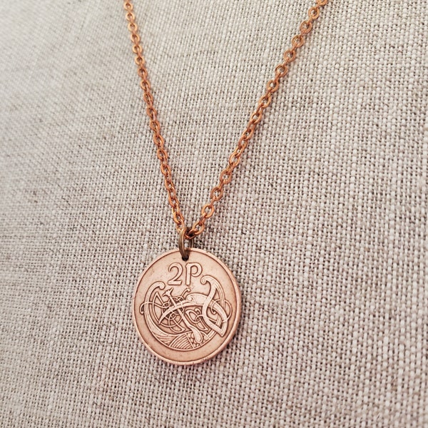 Vintage Ireland Irish Coin Necklace, 1971 2P (Penny) Ornate Harp and Stylized Bird Coin, Brass Cable Chain, Gift Boxed, Eire, Birthday