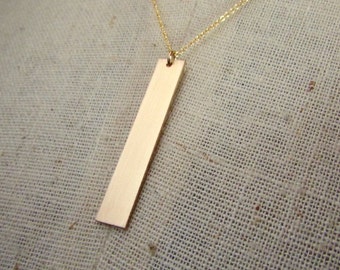 Gold Bar Necklace, Long Vertical Gold Filled Rectangle Pendant, Brushed Gold Minimalist Necklace by E. Ria Designs Jewelry