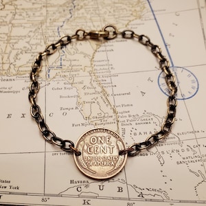 Lucky Wheat Penny Bracelet, Antique/Vintage U.S. Coin, Copper Genuine Coin, Brass Cable Chain Bracelet, 1940-1958 Mint Dates, Gift Boxed