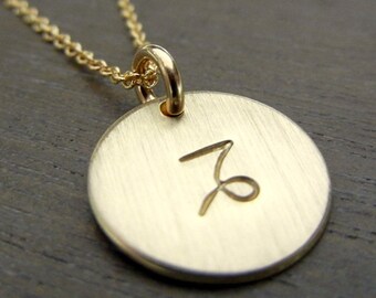 Capricorn Necklace, Capricorn Symbol Charm Necklace, Zodiac Symbol Gold Fill, Filled 14k GF Brushed Charm Necklace by E. Ria Designs Jewelry