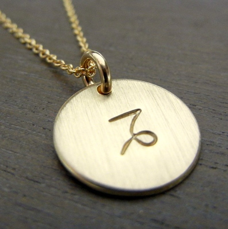 Capricorn Necklace, Capricorn Symbol Charm Necklace, Zodiac Symbol Gold Fill, Filled 14k GF Brushed Charm Necklace by E. Ria Designs Jewelry image 1