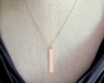 Long Gold Bar Necklace | Rectangle Vertical Gold Filled Pendant | Brushed Gold Minimalist Necklace by E. Ria Designs Jewelry