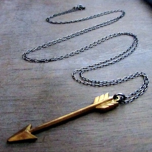Arrow Necklace | Arrow Pendant Necklace Solid Antiqued Brass Arrow Charm | Oxidized 925 Sterling Silver Long Chain by E. Ria Designs Jewelry