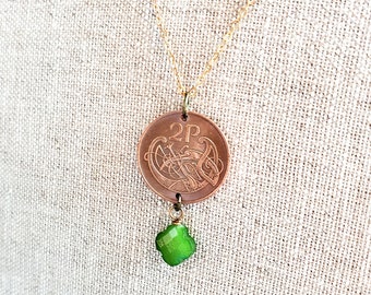 Vintage Ireland Irish Coin Necklace, 1971 2P (Penny) Harp and Bird Coin, Green Quatrefoil Bead, Brass Cable Chain, Gift Boxed, Eire