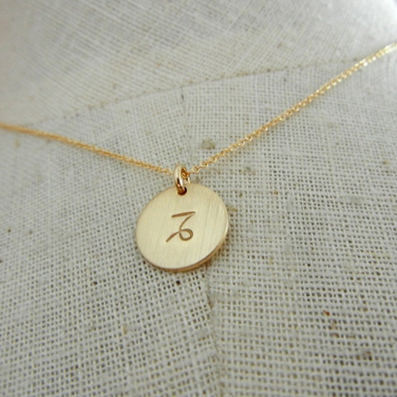 Capricorn Necklace, Capricorn Symbol Charm Necklace, Zodiac Symbol Gold Fill, Filled 14k GF Brushed Charm Necklace by E. Ria Designs Jewelry image 3