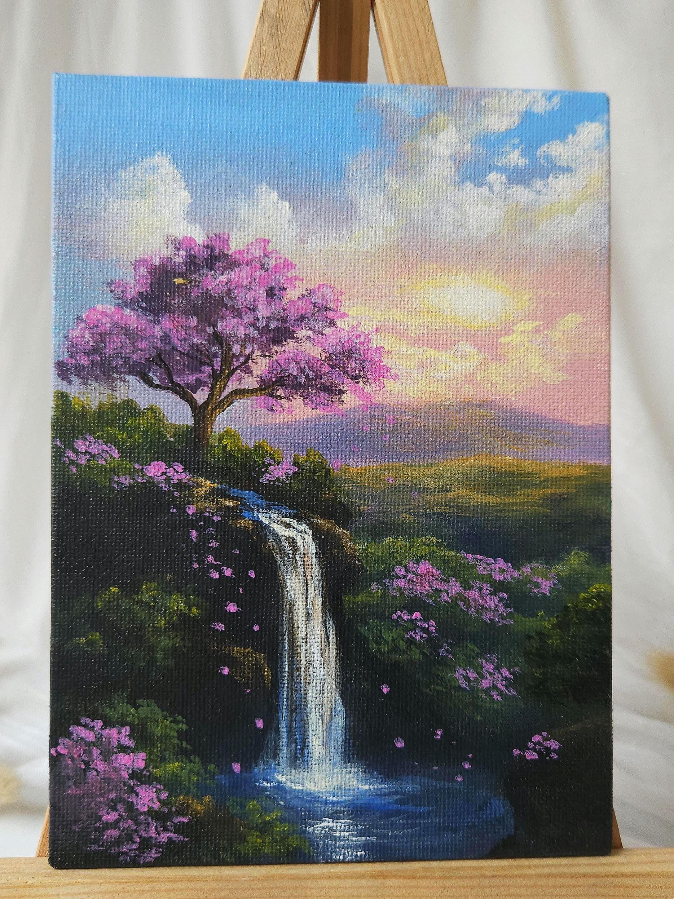 Sunset Waterfall With Cherry Blossom Tree – Original Acrylic Painting ...