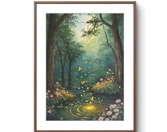 May include: A framed painting depicting a forest scene with a central pond. Yellow butterflies hover above the water, which reflects a glowing light. Pink flowers grow along the banks, surrounded by dark green trees under a soft, bright sky.