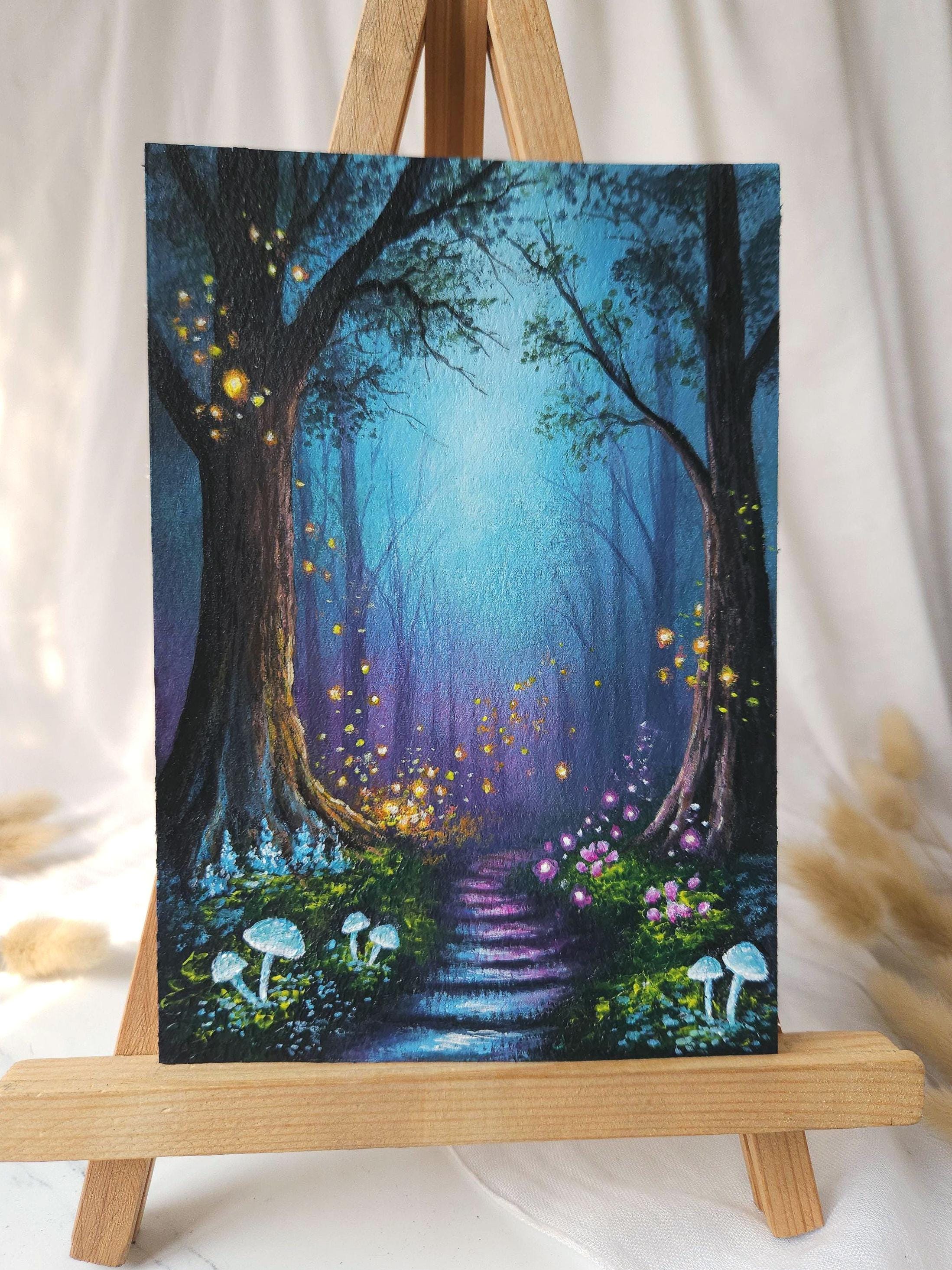 神秘的な森のアクリル画 - 魅惑の森のアート (5 x 7インチ) - Etsy 日本