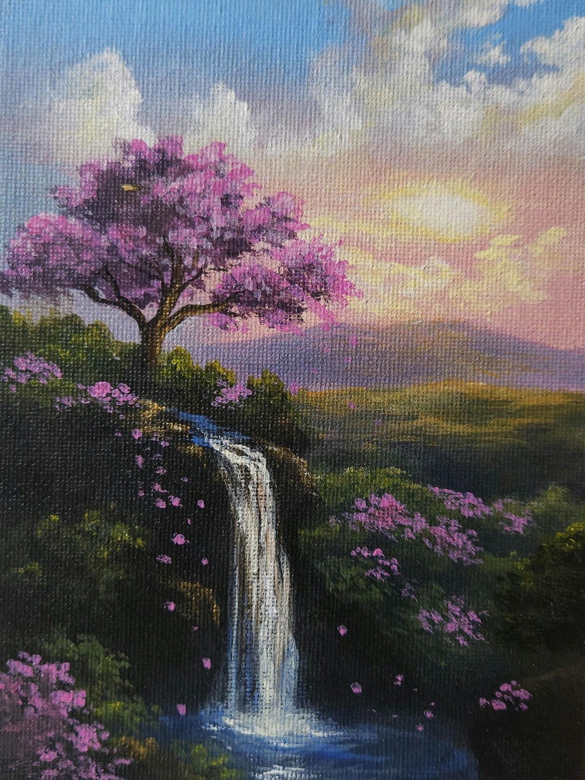 Sunset Waterfall With Cherry Blossom Tree – Original Acrylic Painting ...