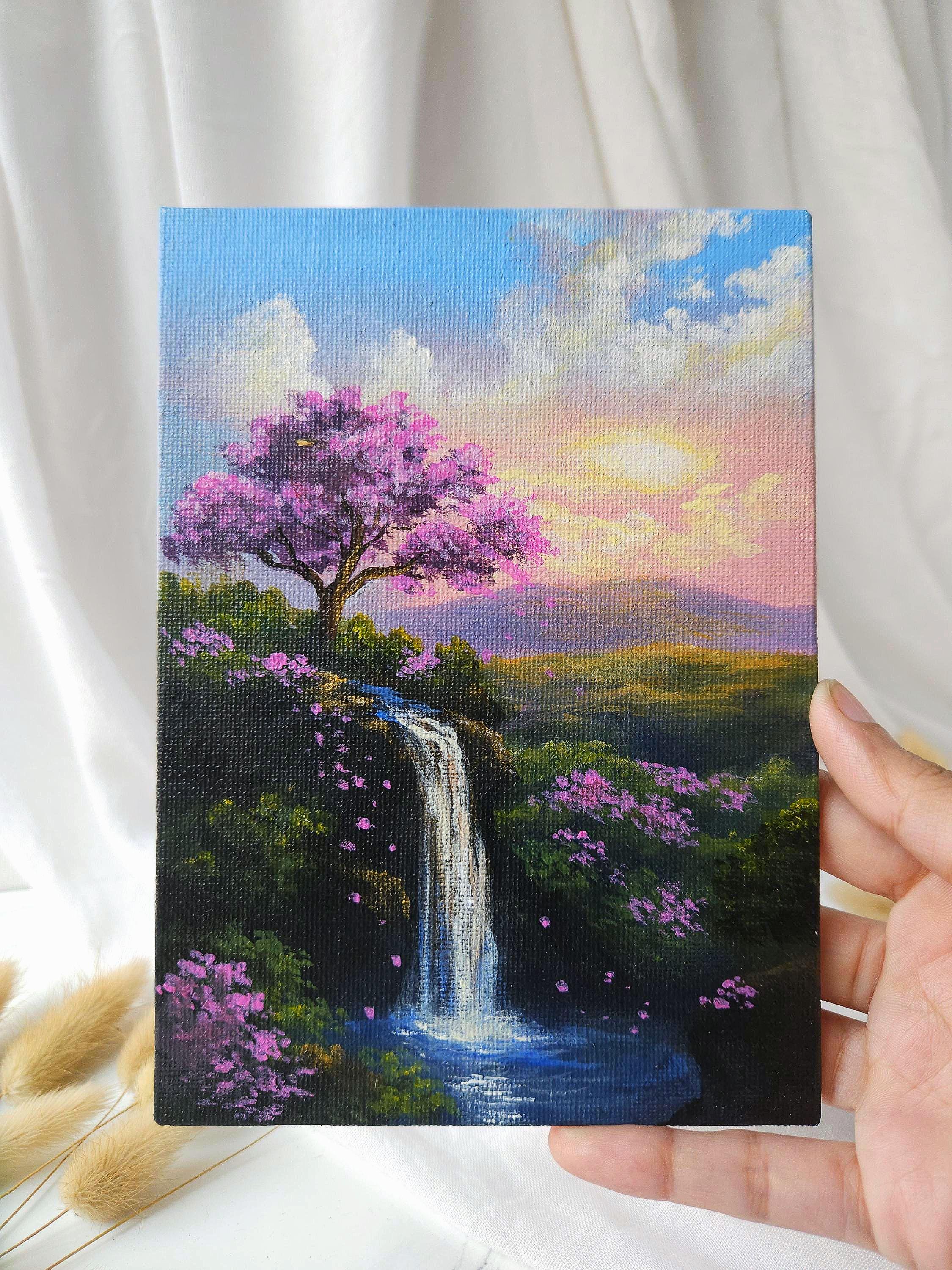 Sunset Waterfall With Cherry Blossom Tree – Original Acrylic Painting ...