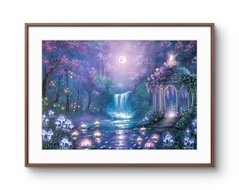 May include: A framed wall art print depicting a nocturnal forest scene with a glowing waterfall, a stone gazebo, and a pond filled with illuminated lotus flowers and mushrooms under a full moon, all rendered in shades of purple and blue.