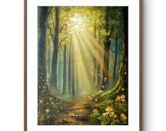 May include: A framed wall art print depicting a forest scene with tall trees, a dirt path, and sunbeams filtering through the canopy. The foreground features glowing mushrooms and small golden lights scattered among the mossy green forest floor.