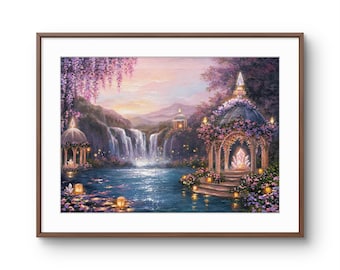 May include: A framed landscape painting depicting a serene blue lake with a cascading waterfall in the background. Two ornate gazebos adorned with purple flowers and glowing lanterns sit on the banks, with a large glowing crystal inside each structure.