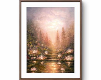 May include: A framed oil painting depicting a serene forest landscape with a glowing path leading through trees towards a soft, hazy light. The scene features clusters of luminous crystals and floating pink lotus flowers on a calm water surface.