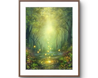 May include: A framed wall art print depicting a lush green forest scene with tall trees and a central stream. Bright yellow butterflies ascend from a glowing ripple in the water towards a soft, radiant light filtering through the dense canopy above.