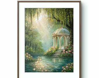 May include: A framed oil painting depicting a white domed gazebo situated at the edge of a calm body of water. The scene features lush green trees, hanging willow branches, and pink flowers. Sunlight streams through the canopy, creating reflections.
