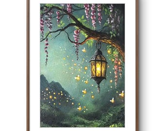 May include: A framed painting depicting a dark, glowing lantern hanging from a tree branch adorned with purple wisteria flowers. The scene features a misty, dark green landscape illuminated by numerous small, floating yellow lights resembling fireflies.