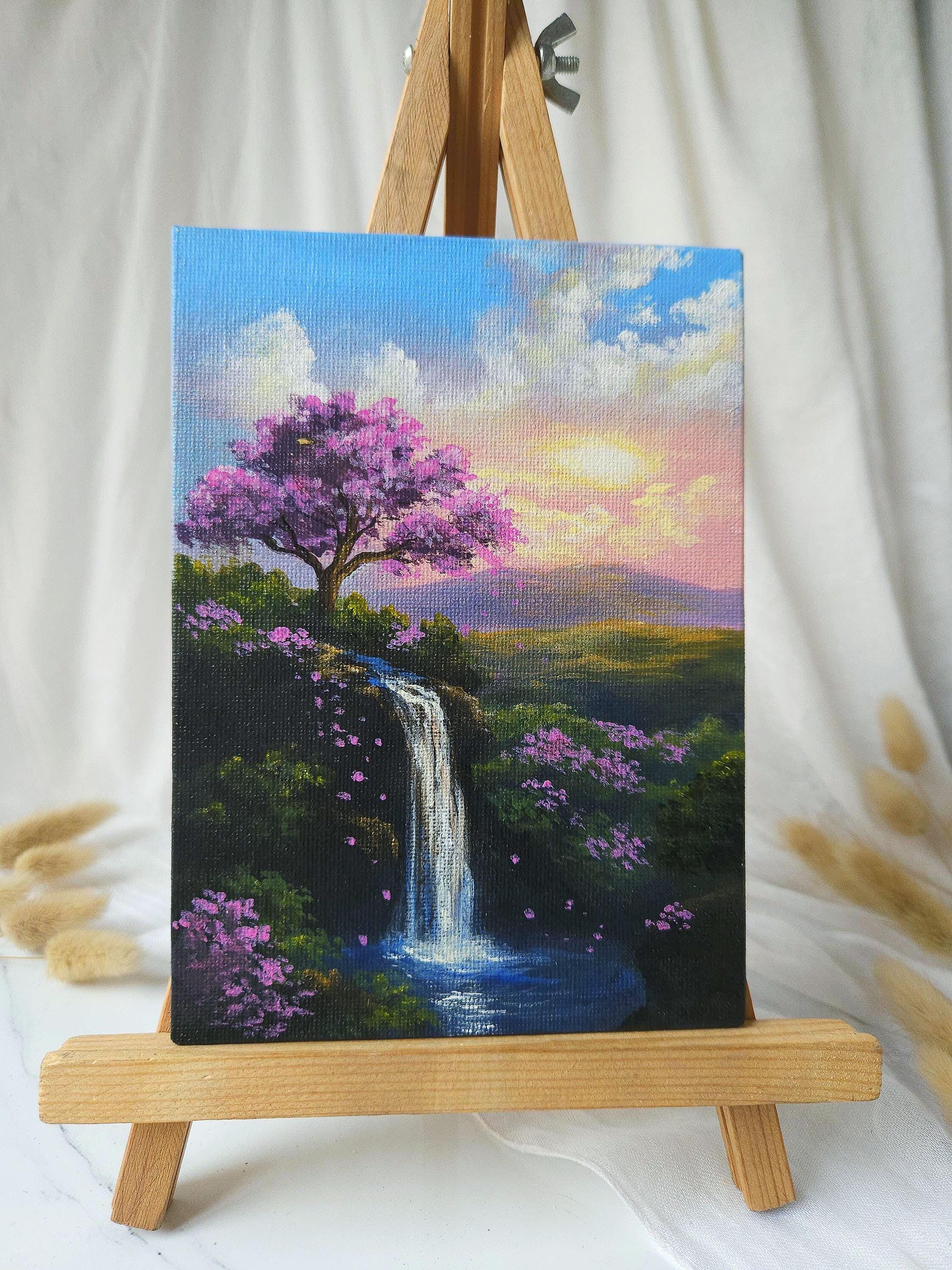 Sunset Waterfall With Cherry Blossom Tree – Original Acrylic Painting ...