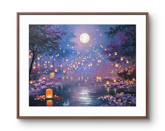 May include: A framed painting depicting a night scene with a full moon illuminating a dark blue lake. Numerous glowing orange lanterns float in the air and on the water surface, surrounded by dark purple trees and scattered pink flower petals.