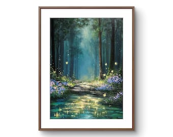 May include: A framed vertical wall art print depicting a dark forest scene with a central path leading through tall trees. The foreground features a reflective stream with glowing yellow light particles, purple flowers, and green foliage.
