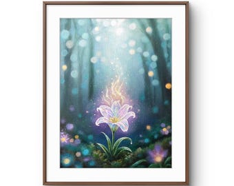 May include: A framed wall art print featuring a single glowing lily flower centred in a dark, ethereal forest. The flower emits a soft golden light and sparkles, surrounded by blurred blue and purple bokeh orbs in a deep, moody woodland setting.