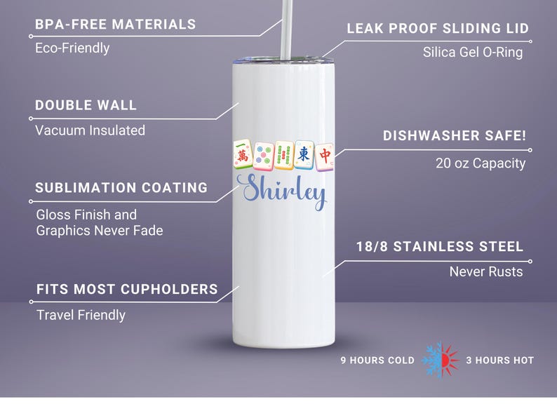 May include: A white 20 oz stainless steel tumbler with a straw, featuring a Mahjong tile graphic and the name Shirley in blue script. Text labels highlight features including BPA-free materials, a leak-proof lid, vacuum insulation, and dishwasher safety.