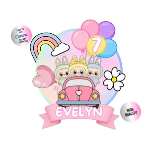 May include: A whimsical illustration featuring a pink car with three cartoon characters, balloons, a rainbow, and a daisy. The name "EVELYN" is displayed on a pink banner. The image includes text that says "EASY TO EDIT CANVA INSTANT DOWNLOAD" and "HIGH QUALITY".